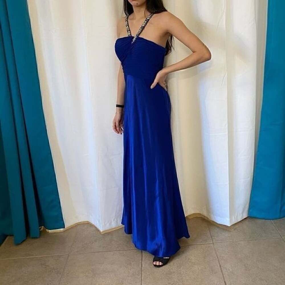 Adrianna Papell Royal Blue Rhinestone Asymmetric Strap Ruched Prom Gown Size 10
